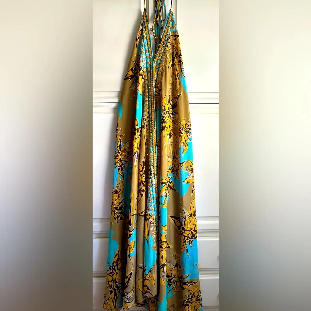 🧡🩵Karma Highway Boho Embellished Mirror Work Halter Maxi Dress Floral OS 🤎🪞 - Picture 10 of 10